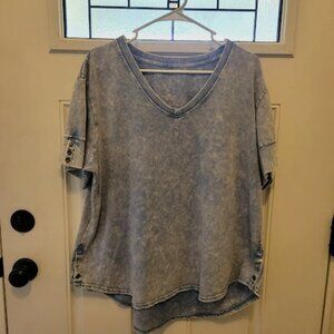 Boutique Hi-Low Button Accent Denim Blue Tunic